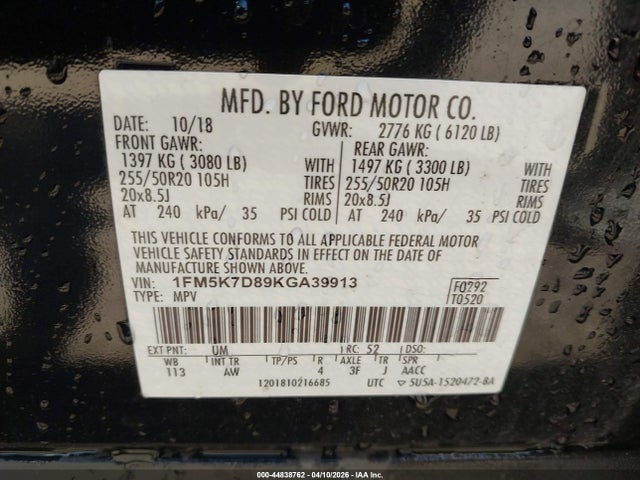 2019 Ford Explorer Xlt მანქანა იყიდება აუქციონზე, vin: 1FM5K7D89KGA39913, აუქციონის ნომერი: 44838762