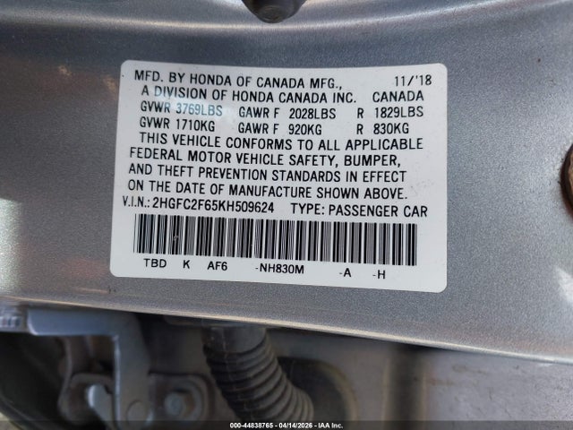 Продажа на аукционе авто 2019 Honda Civic Lx, vin: 2HGFC2F65KH509624, номер лота: 44838765