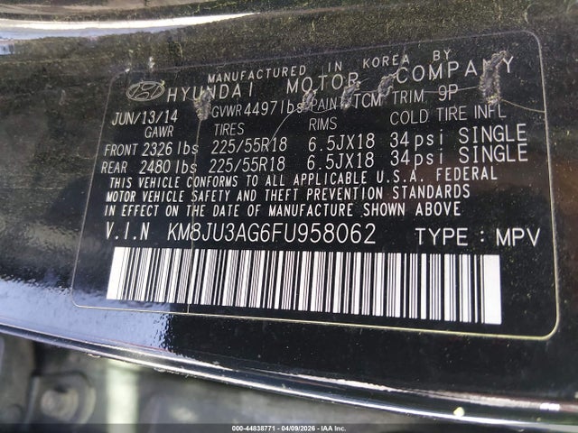 44838771 :رقم المزاد ، KM8JU3AG6FU958062 vin ، 2015 Hyundai Tucson Limited مزاد بيع
