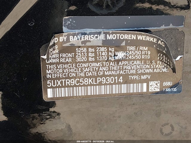 Aukcja sprzedaży 2019 Bmw X3 Xdrive30i, vin: 5UXTR9C58KLP93014, numer aukcji: 44838775