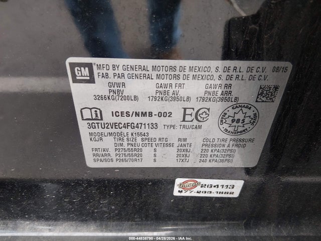 Aukcja sprzedaży 2015 Gmc Sierra 1500 Slt, vin: 3GTU2VEC4FG471133, numer aukcji: 44838790