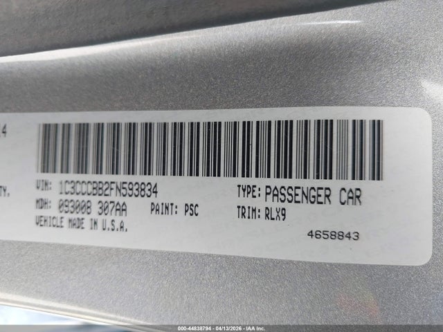 2015 Chrysler 200 S მანქანა იყიდება აუქციონზე, vin: 1C3CCCBB2FN593834, აუქციონის ნომერი: 44838794