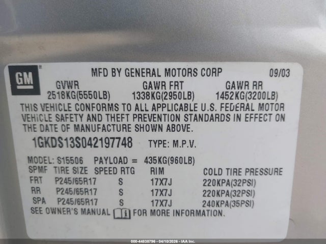Aukcja sprzedaży 2004 Gmc Envoy Slt, vin: 1GKDS13S042197748, numer aukcji: 44838796