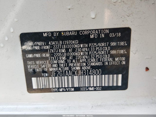44838803 :رقم المزاد ، JF2GTAACXJH314800 vin ، 2018 Subaru Crosstrek 2.0i مزاد بيع