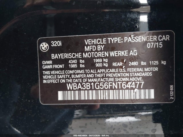 44838804 :رقم المزاد ، WBA3B1G56FNT64477 vin ، 2015 Bmw 320i مزاد بيع