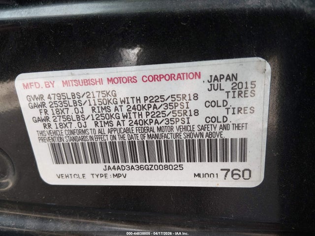 Продаж на аукціоні авто 2016 Mitsubishi Outlander Se/sel, vin: JA4AD3A36GZ008025, номер лоту: 44838805