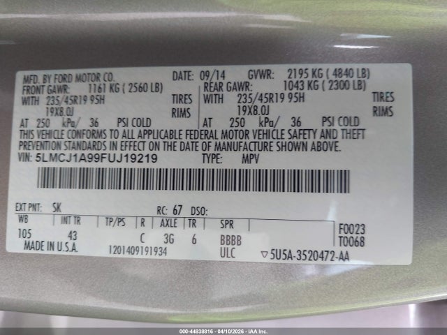 Aukcja sprzedaży 2015 Lincoln Mkc, vin: 5LMCJ1A99FUJ19219, numer aukcji: 44838816
