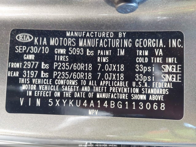44838825 :رقم المزاد ، 5XYKU4A14BG113068 vin ، 2011 Kia Sorento Ex مزاد بيع