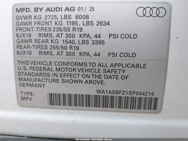 2025 Audi Q4 E-tron Premium 45 Rwd მანქანა იყიდება აუქციონზე, vin: WA1A5BFZ1SP044214, აუქციონის ნომერი: 44838828