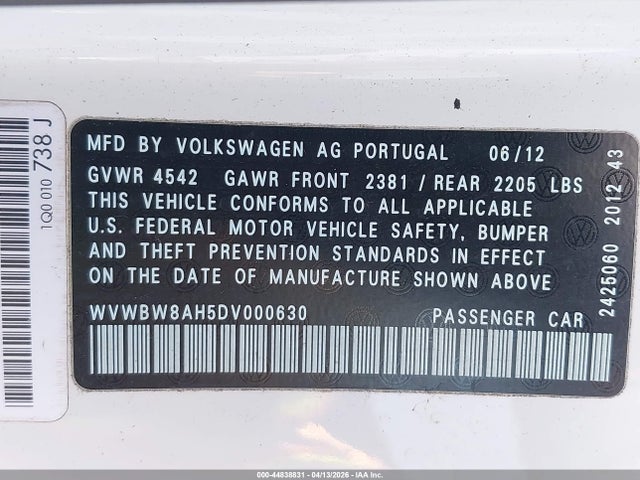 2013 Volkswagen Eos Sport მანქანა იყიდება აუქციონზე, vin: WVWBW8AH5DV000630, აუქციონის ნომერი: 44838831