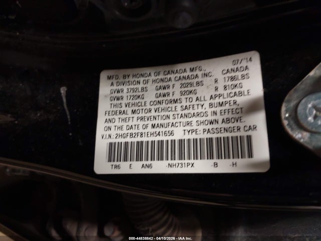 2014 Honda Civic Ex მანქანა იყიდება აუქციონზე, vin: 2HGFB2F81EH541656, აუქციონის ნომერი: 44838842