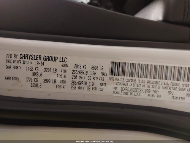 2014 Dodge Durango Sxt მანქანა იყიდება აუქციონზე, vin: 1C4RDJAG5EC971076, აუქციონის ნომერი: 44838843