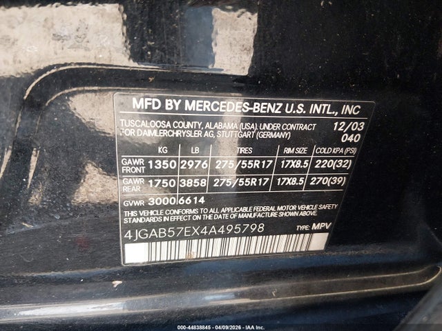2004 Mercedes-benz Ml 350 4matic მანქანა იყიდება აუქციონზე, vin: 4JGAB57EX4A495798, აუქციონის ნომერი: 44838845