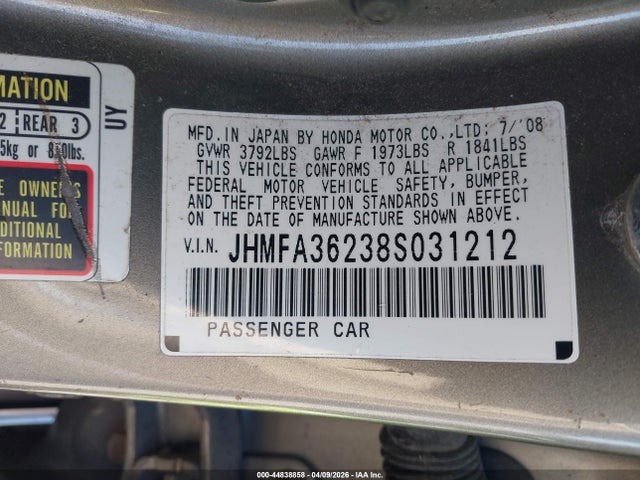 2008 HONDA CIVIC HYBRID JHMFA36238S031212 Photo 8