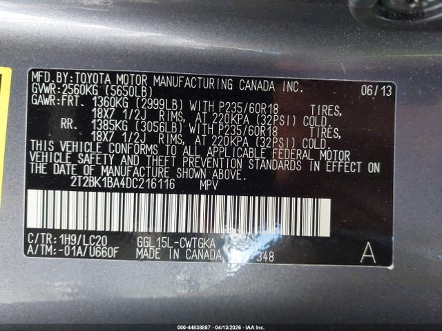 44838887 :رقم المزاد ، 2T2BK1BA4DC216116 vin ، 2013 Lexus Rx 350 مزاد بيع