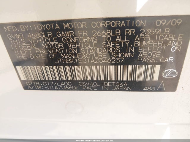 Aukcja sprzedaży 2010 Lexus Es 350, vin: JTHBK1EG1A2346237, numer aukcji: 44838890