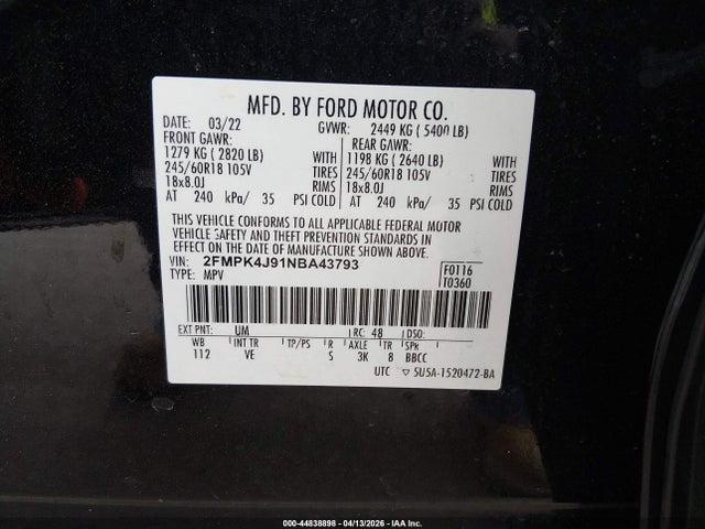 2022 Ford Edge Sel მანქანა იყიდება აუქციონზე, vin: 2FMPK4J91NBA43793, აუქციონის ნომერი: 44838898
