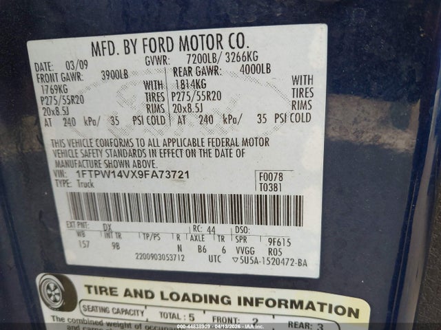 Aukcja sprzedaży 2009 Ford F-150 Fx4/king Ranch/lariat/platinum/xl/xlt, vin: 1FTPW14VX9FA73721, numer aukcji: 44838909