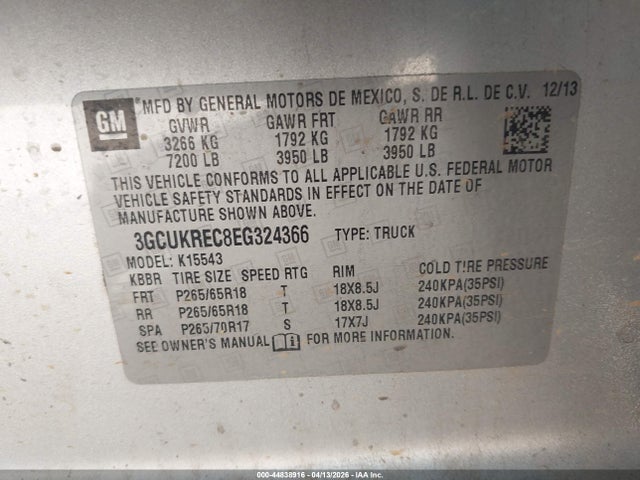 2014 Chevrolet Silverado 1500 1lt მანქანა იყიდება აუქციონზე, vin: 3GCUKREC8EG324366, აუქციონის ნომერი: 44838916