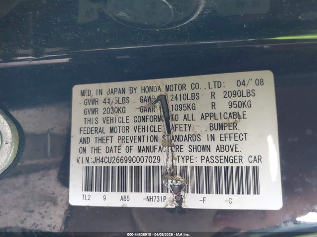 44838918 :رقم المزاد ، JH4CU26699C007029 vin ، 2009 Acura Tsx مزاد بيع