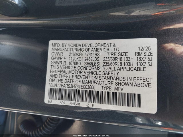 Продаж на аукціоні авто 2026 Honda Cr-v Ex-l 2wd, vin: 7FARS3H76TE003600, номер лоту: 44838924