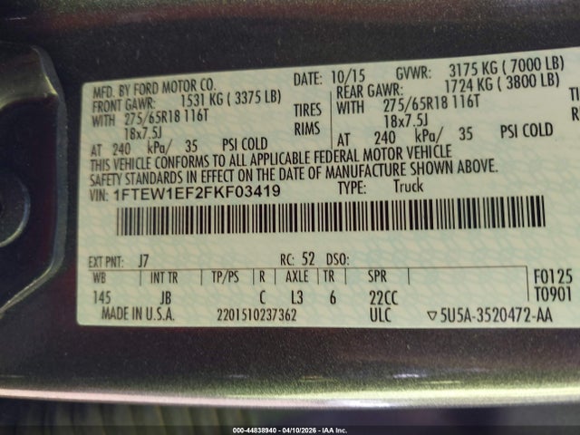 2015 Ford F-150 Xlt მანქანა იყიდება აუქციონზე, vin: 1FTEW1EF2FKF03419, აუქციონის ნომერი: 44838940