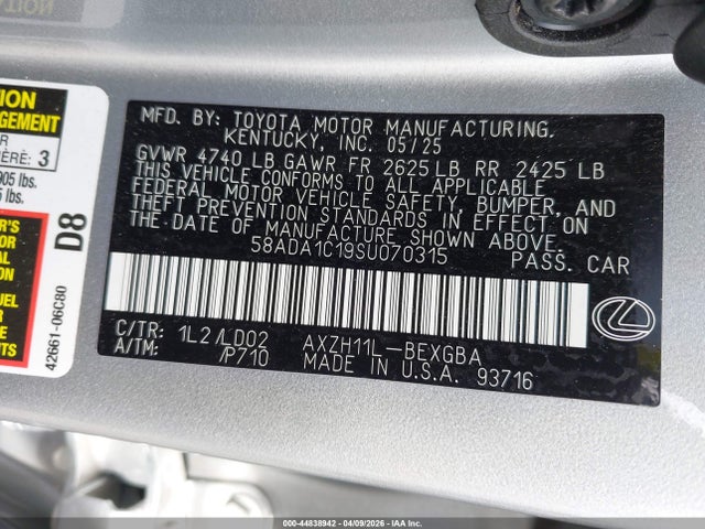 Aukcja sprzedaży 2025 Lexus Es 300h, vin: 58ADA1C19SU070315, numer aukcji: 44838942