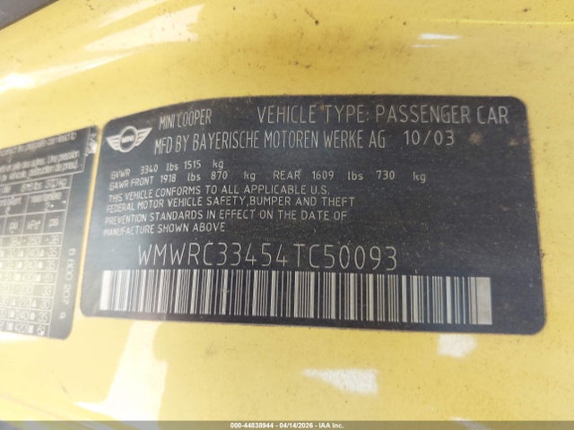 2004 Mini Cooper მანქანა იყიდება აუქციონზე, vin: WMWRC33454TC50093, აუქციონის ნომერი: 44838944