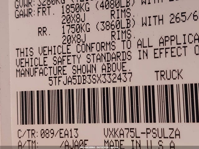 44838964 :رقم المزاد ، 5TFJA5DB3SX332437 vin ، 2025 Toyota Tundra Limited مزاد بيع
