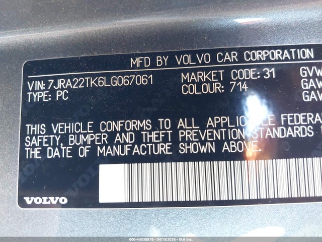 2020 Volvo S60 T6 Momentum მანქანა იყიდება აუქციონზე, vin: 7JRA22TK6LG067061, აუქციონის ნომერი: 44838976