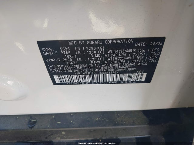 44838980 :رقم المزاد ، 4S4BTGPDXS3243734 vin ، 2025 Subaru Outback Touring Xt مزاد بيع