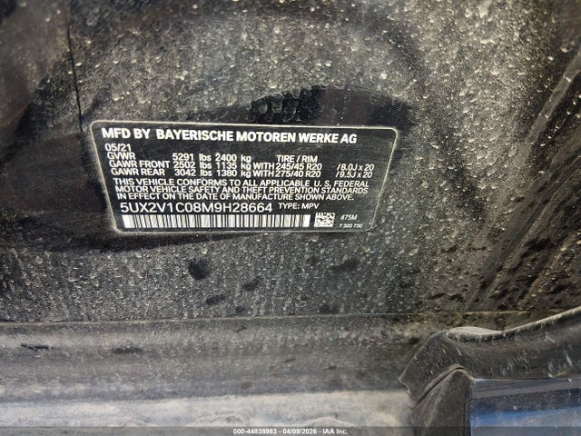 44838983 :رقم المزاد ، 5UX2V1C08M9H28664 vin ، 2021 Bmw X4 Xdrive30i مزاد بيع