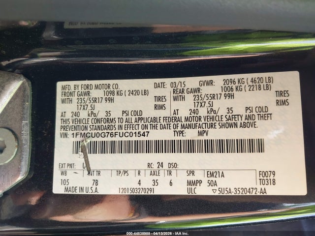 Продажа на аукционе авто 2015 Ford Escape Se, vin: 1FMCU0G76FUC01547, номер лота: 44838988