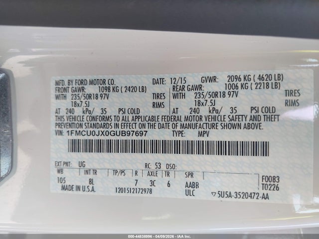2016 Ford Escape Titanium მანქანა იყიდება აუქციონზე, vin: 1FMCU0JX0GUB97697, აუქციონის ნომერი: 44838996