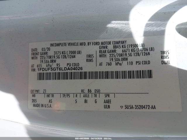 2020 Ford F-550 Chassis Xl მანქანა იყიდება აუქციონზე, vin: 1FDUF5GT6LDA04026, აუქციონის ნომერი: 44838998