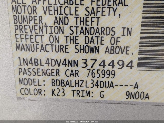 2022 Nissan Altima Sv Fwd მანქანა იყიდება აუქციონზე, vin: 1N4BL4DV4NN374494, აუქციონის ნომერი: 44839000