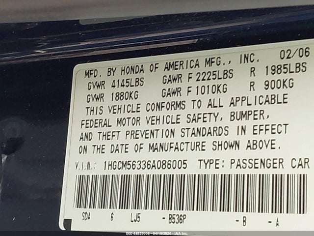 44839002 :رقم المزاد ، 1HGCM56336A086005 vin ، 2006 Honda Accord 2.4 Se مزاد بيع