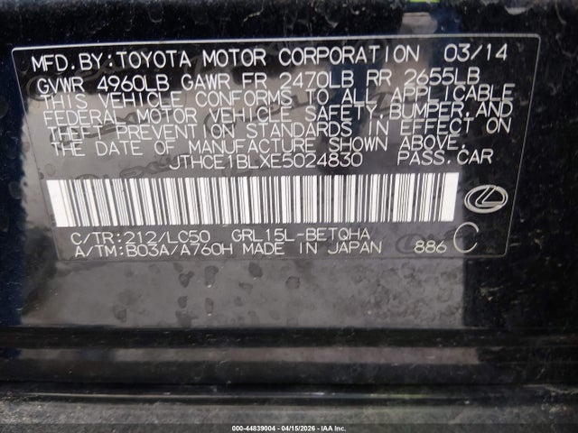 2014 Lexus Gs 350 მანქანა იყიდება აუქციონზე, vin: JTHCE1BLXE5024830, აუქციონის ნომერი: 44839004