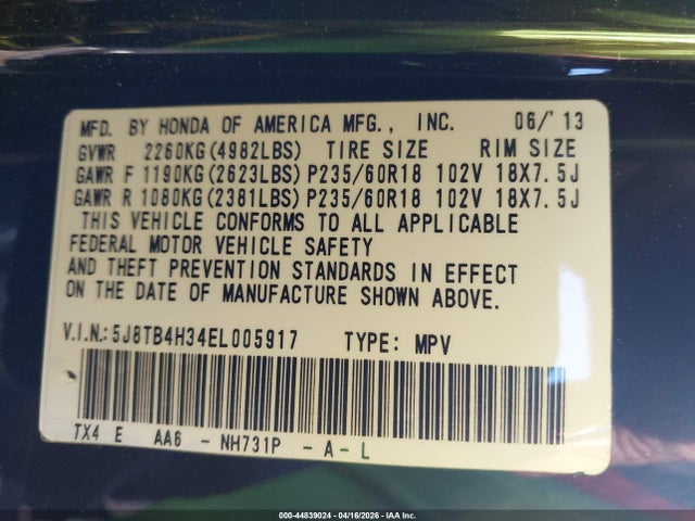 44839024 :رقم المزاد ، 5J8TB4H34EL005917 vin ، 2014 Acura Rdx مزاد بيع