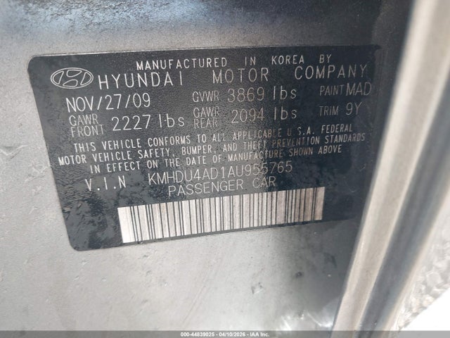 Aukcja sprzedaży 2010 Hyundai Elantra Gls, vin: KMHDU4AD1AU955765, numer aukcji: 44839025