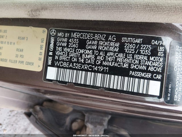 Продаж на аукціоні авто 1994 Mercedes-benz E 320, vin: WDBEA32EXRC141911, номер лоту: 44839027