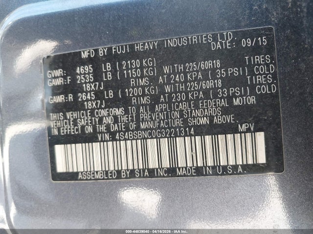 2016 SUBARU OUTBACK 4S4BSBNC0G3221314 Photo 8