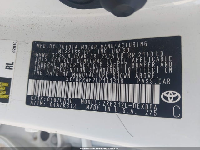 2020 Toyota Corolla L მანქანა იყიდება აუქციონზე, vin: 5YFDPRAE2LP141318, აუქციონის ნომერი: 44839042