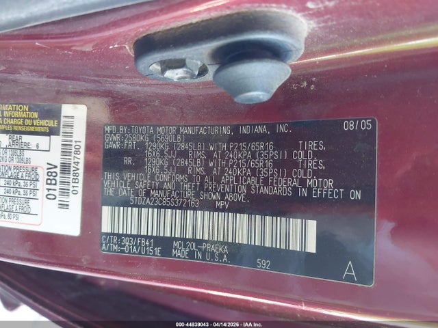 2005 Toyota Sienna Le მანქანა იყიდება აუქციონზე, vin: 5TDZA23C85S372163, აუქციონის ნომერი: 44839043