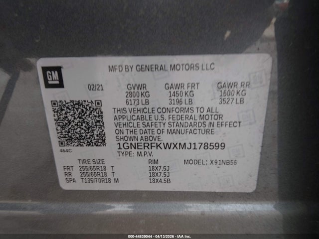 44839044 :رقم المزاد ، 1GNERFKWXMJ178599 vin ، 2021 Chevrolet Traverse Fwd Ls مزاد بيع