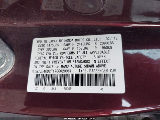 Продаж на аукціоні авто 2012 Acura Tsx 2.4, vin: JH4CU2F47CC020061, номер лоту: 44839052