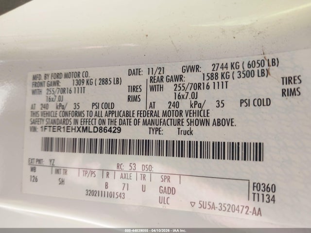 Продажа на аукционе авто 2021 Ford Ranger Xl, vin: 1FTER1EHXMLD86429, номер лота: 44839055