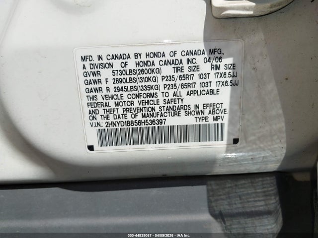 44839067 :رقم المزاد ، 2HNYD18856H536397 vin ، 2006 Acura Mdx مزاد بيع