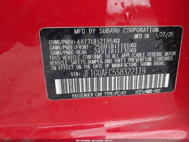 Aukcja sprzedaży 2025 Subaru Impreza Sport 5-door, vin: JF1GUAFC5S8322119, numer aukcji: 44839089