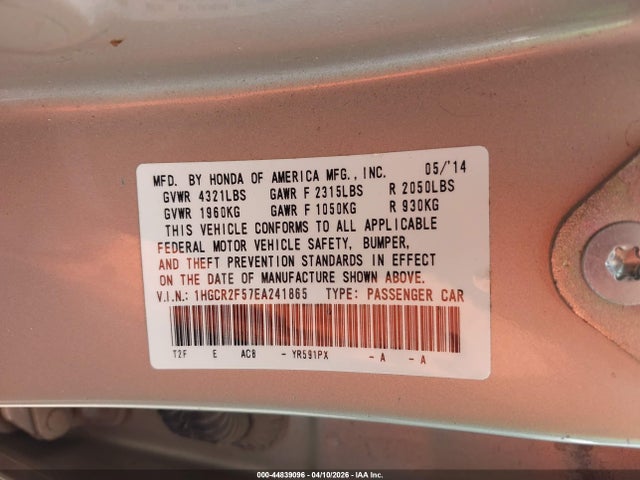 44839096 :رقم المزاد ، 1HGCR2F57EA241865 vin ، 2014 Honda Accord Sport مزاد بيع